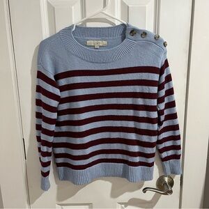 LOFT Crew Neck Blue and Burgundy Striped Sweater
